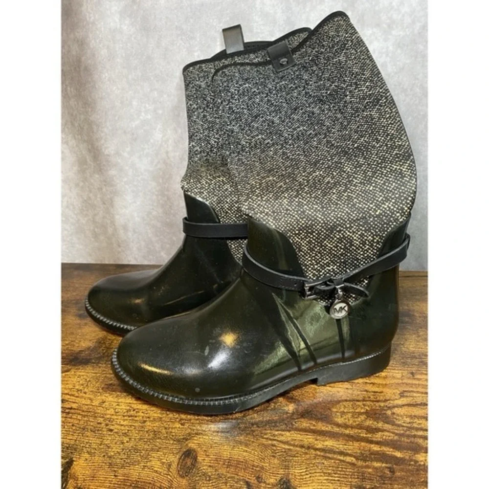 Michael‎ Kors MK CHARM Black White Stretch Tall Rain Boots Shoes Size 7